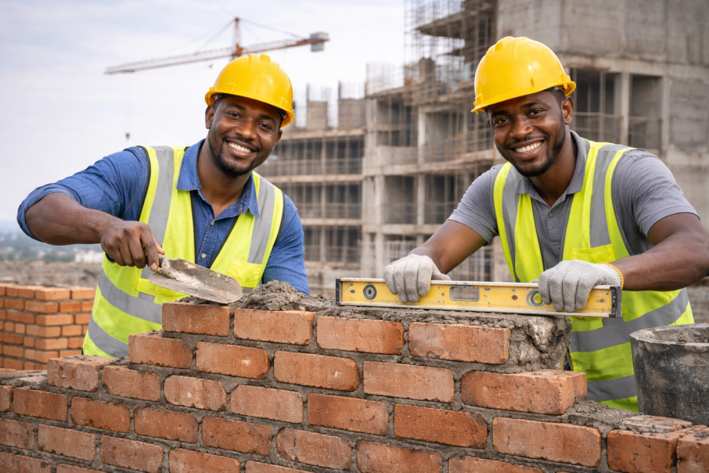 Skilled Masonry Worker laying bricks at a construction site in Ghana